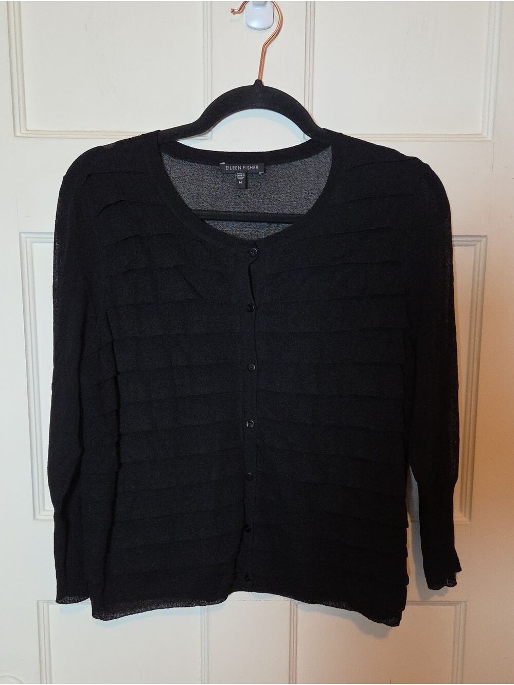 Eileen Fisher Womens Sheer Tiered Front Cardigan In Black 3/4 Sleeve Size Medium